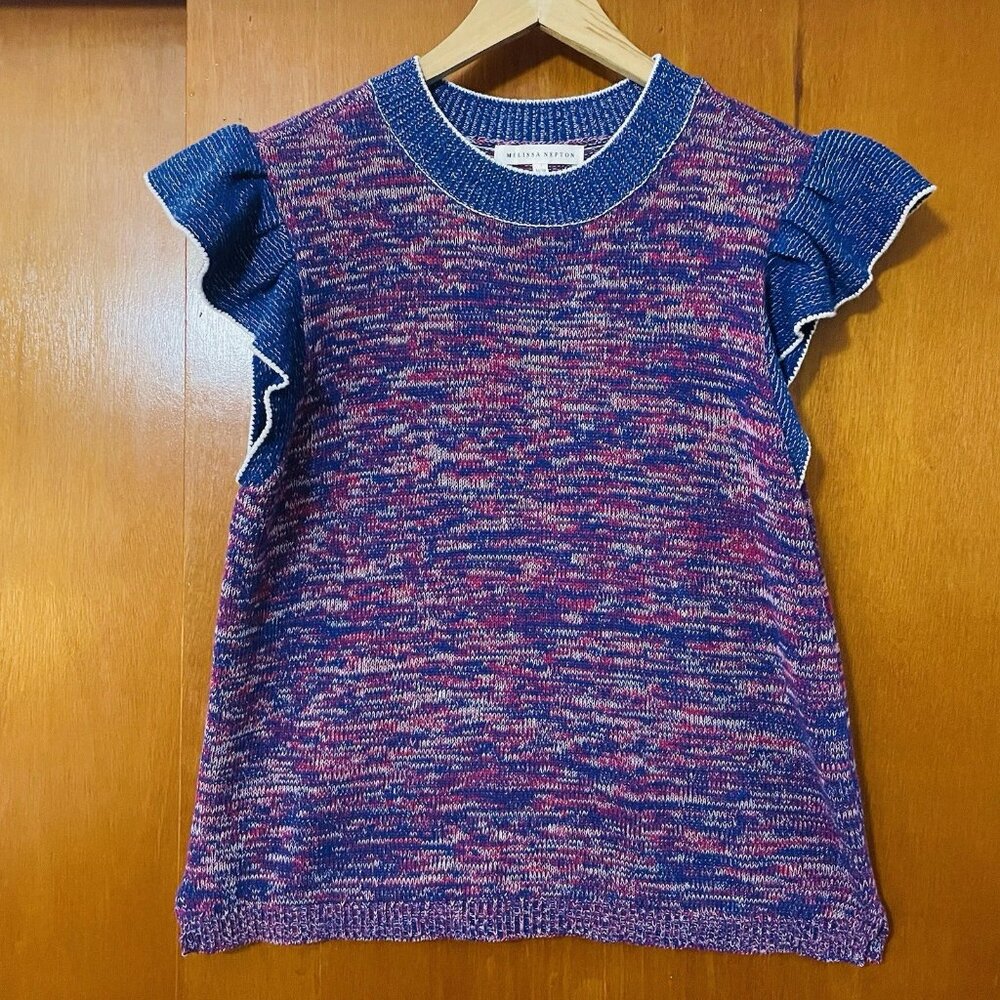 Melissa Nepton Florian Ruffle Sleeve Knit Top Navy Blue / Purple
